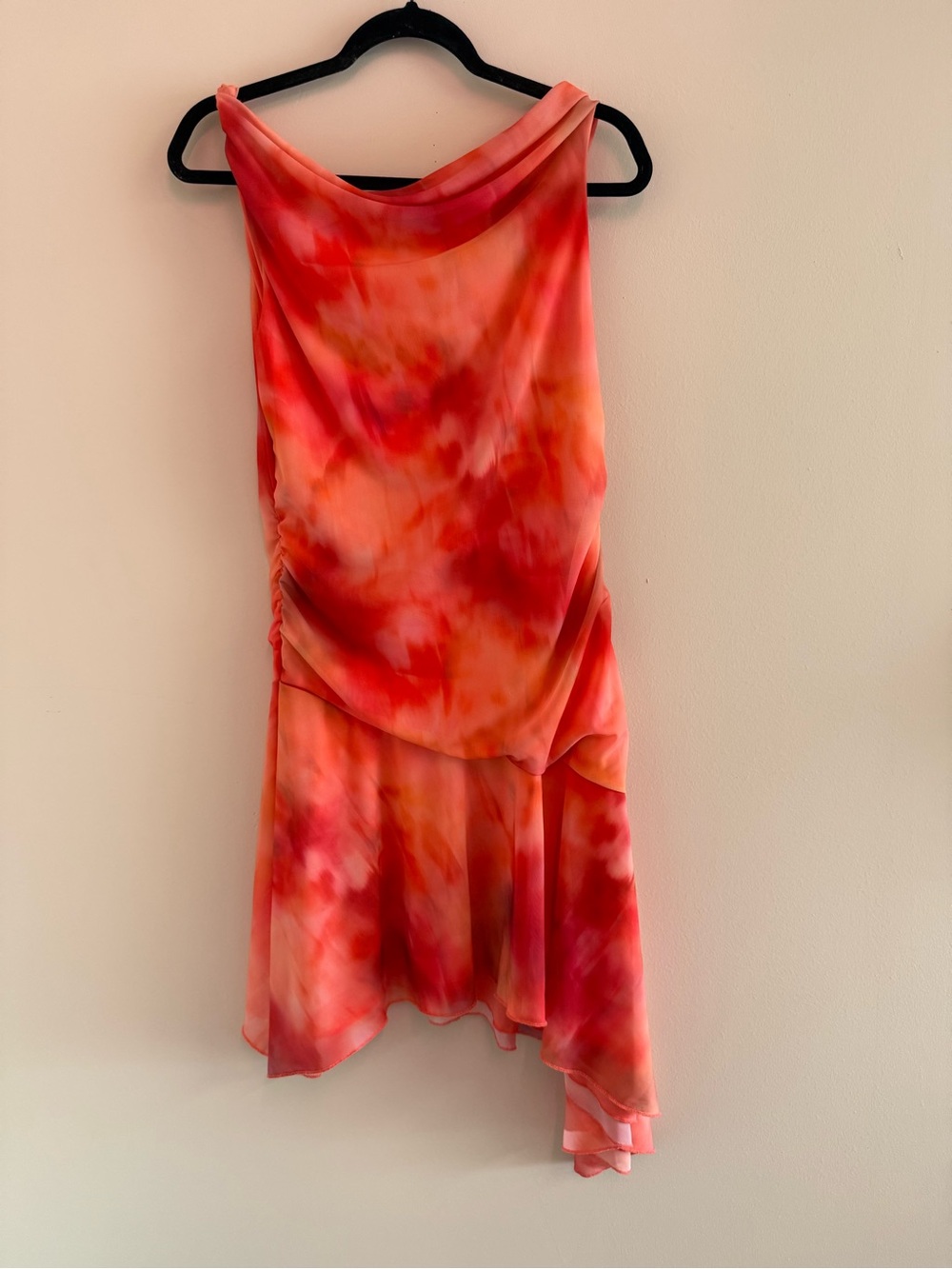 Madden NYC asymmetrical drop waist cowl neck y2k dress orange and pink